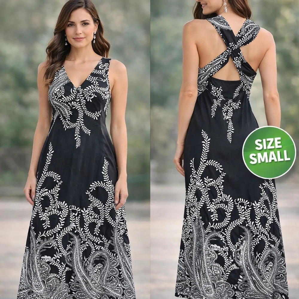 Black and White Printed Crisscross Back Maxi Dress - Small - Picture 1 of 1